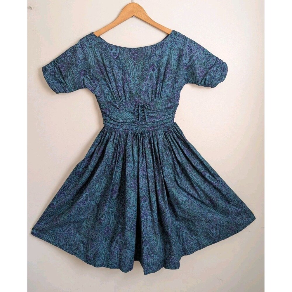 Vintage 1950s Vicky Vaughn Day Dress Fit Flare Teal Blue Paisley Jr XS 0 2 Retro
